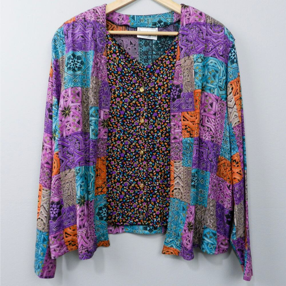 Vintage Laura Kieffer Twofer Jacket Top Sz XL Purple Teal‎ Black Print 80s 90s